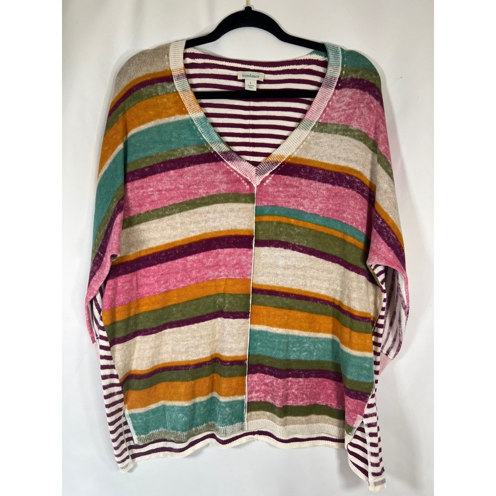 Sundance Womens Multi Color Striped 100% Cotton V-Neck Oversized Sweater Large